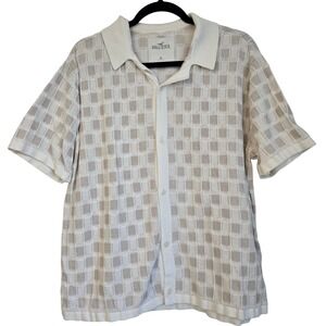 Hollister Mens Knit Button Up Shirt Checkerboard Tan White XL Short‎ Sleeve